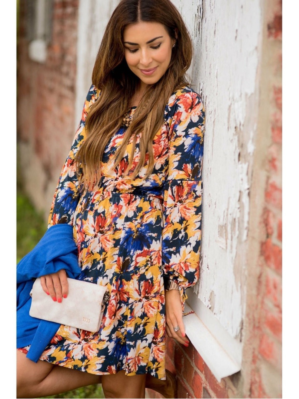 Betsy Boutique Shop‎ Floral Long-Sleeve A-Line Dress - Navy Multi
